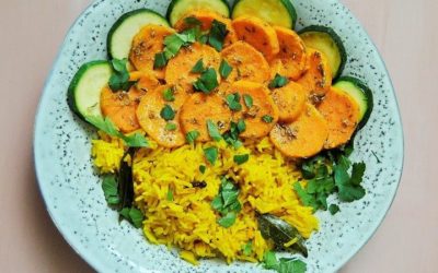 Gewürzreis mit Ofensüßkartoffeln